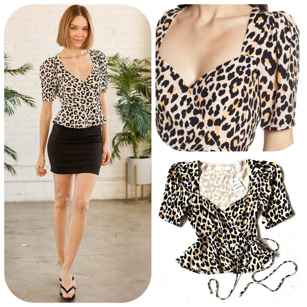 NWT Astr leopard print Wrap Peplum Top - Picture 1 of 12